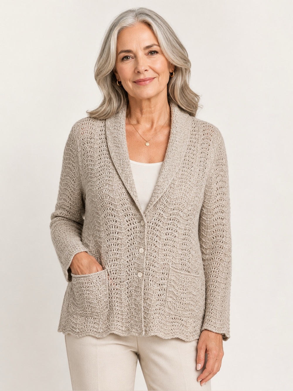 NWOT Marina Luna Mongolian Cashmere Pointelle Oatmeal Cardigan Sz XL